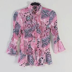 VTG Piano Floral Crinkled Top Size Small Ruffles Collarless Button Down Sheer